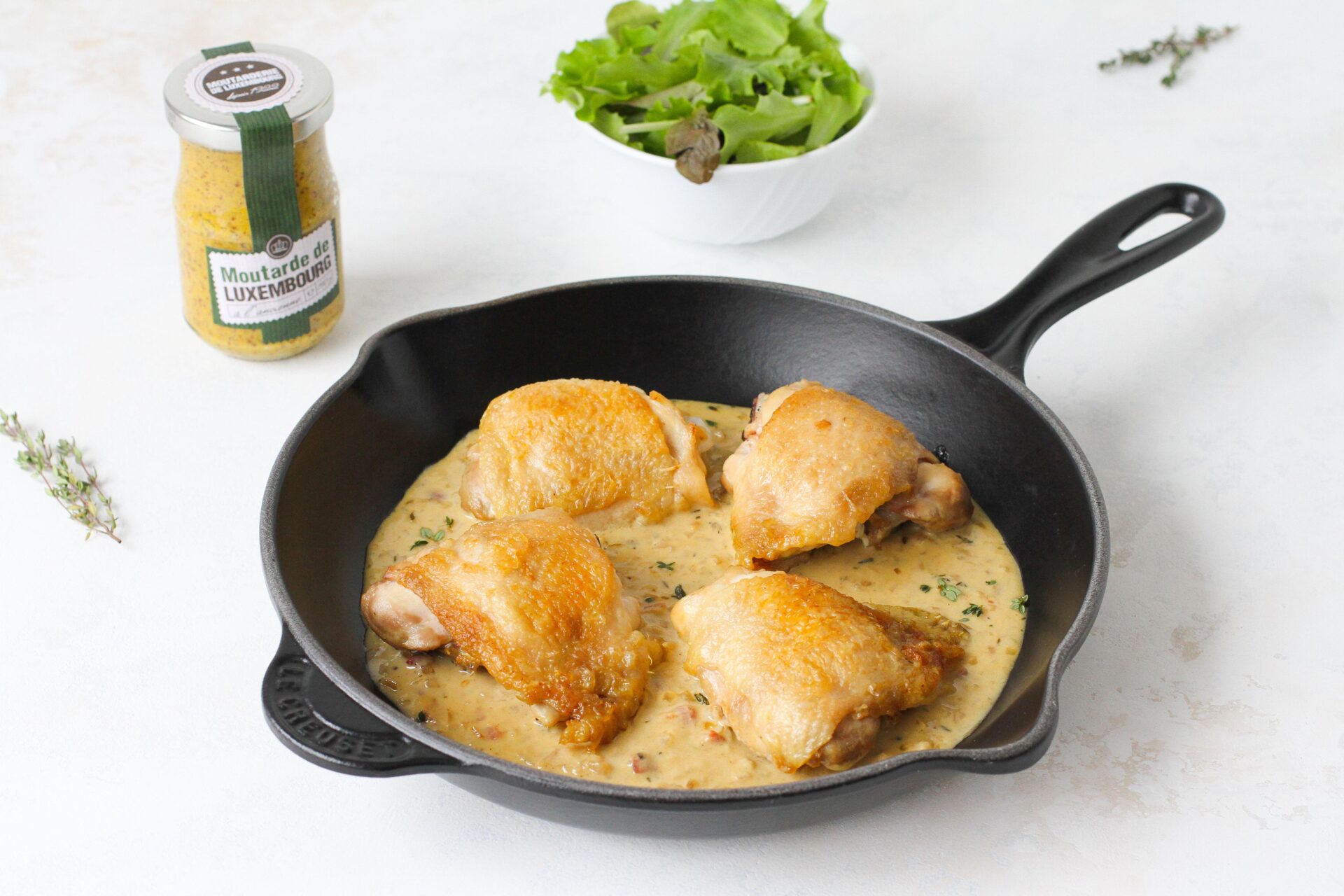 One-pot creamy mustard chicken thighs, green salad